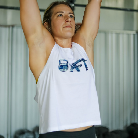 KFT Crop Racerback Logo Tank - White With Blue Camo