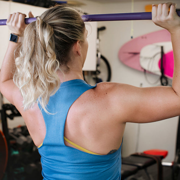 KFT Crop Racerback Logo Tank - Blue with Dijon